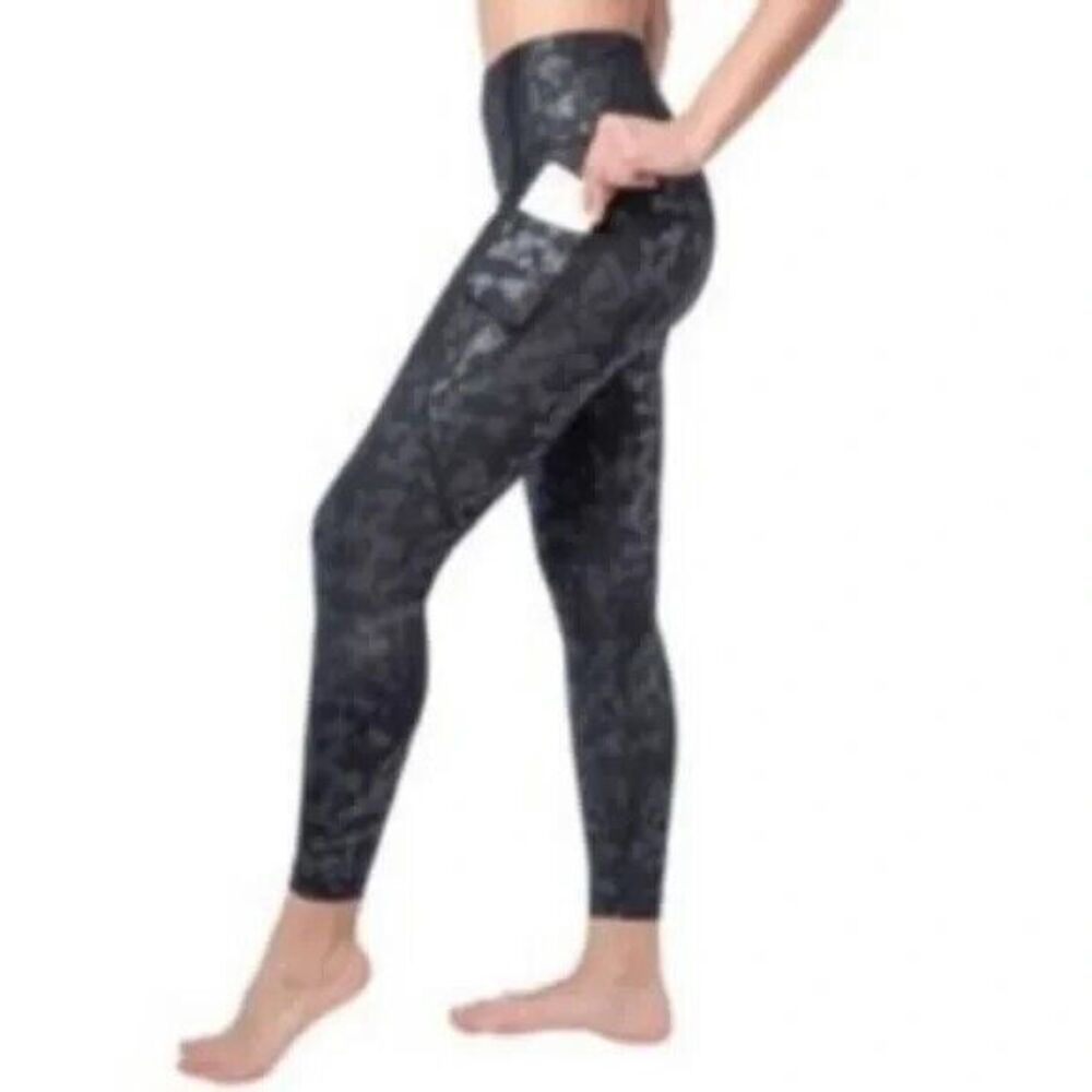 YOGALICIOUS Shine Floral Print Pocket 7/8 Legging M Black Metallic Stretch B7